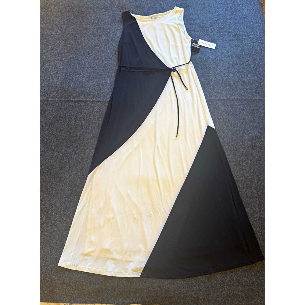 Sandra Darren Colorblock Knit Midi Dress Black White Belted Sleeveless L